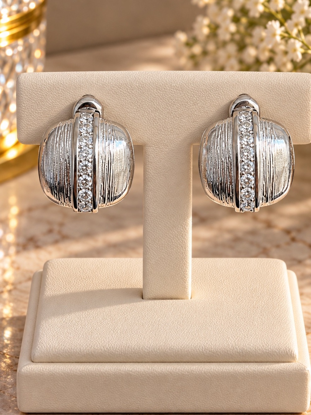 Anthropologie Silver Textured Dome Earrings with Crystal Stripe